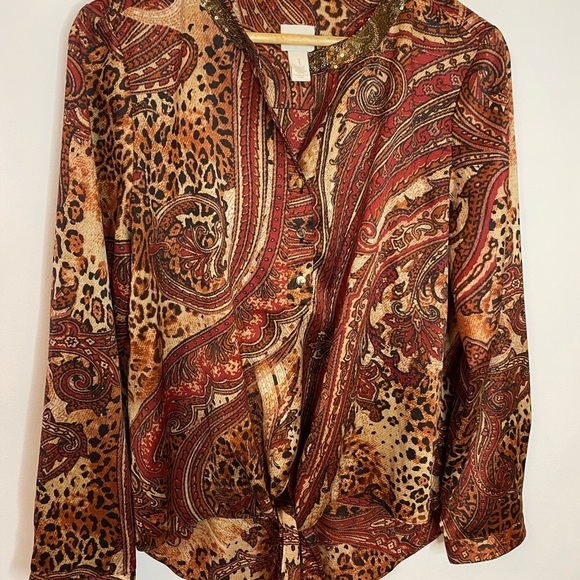 Chicos Fall Tone Paisley Sequin Collar Tie Front Satin Blouse - Picture 10 of 12